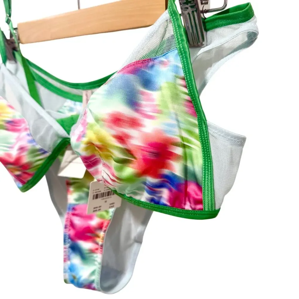 Anthropologie LyreBird Lingerie Set M NWT Green Patt Watercolor Mesh Bra Panty